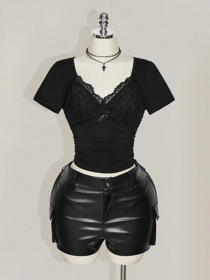 ICON Plus Size V-Neck Lace Splicing Waist Ruched Fitted Knit Top, Sexy T-Shirt For Spring/Summer, Suitable As Wedding Guest