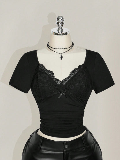 ICON Plus Size V-Neck Lace Splicing Waist Ruched Fitted Knit Top, Sexy T-Shirt For Spring/Summer, Suitable As Wedding Guest