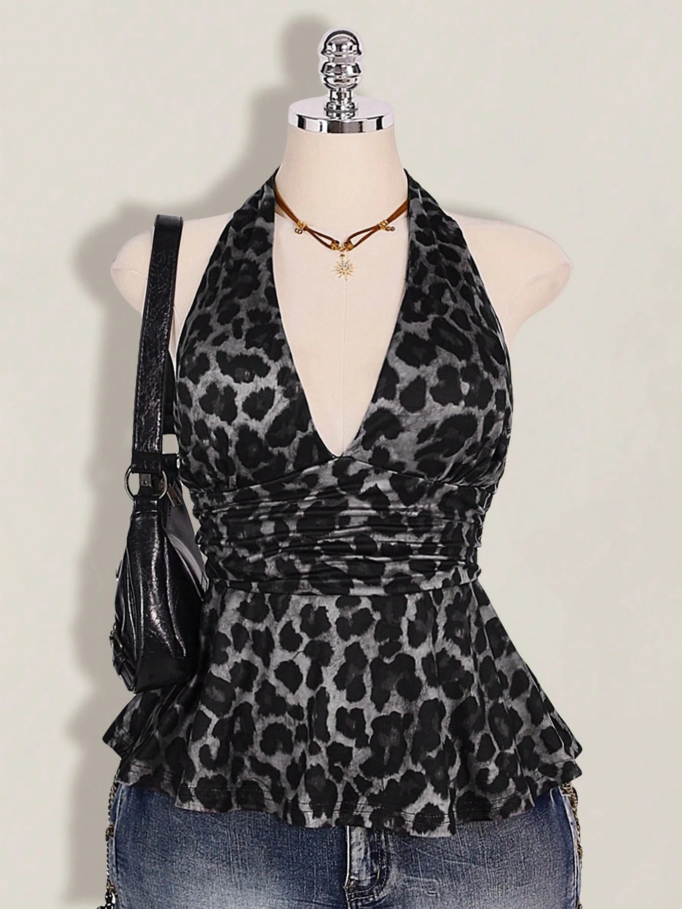 ICON Plus Size Women's Leopard Print Deep V Halter Neck Top,Pink And Grey,Summer,70's,Night Out Club,Party Retro Y2K Waist Gathered Loose Hem Fitted Top