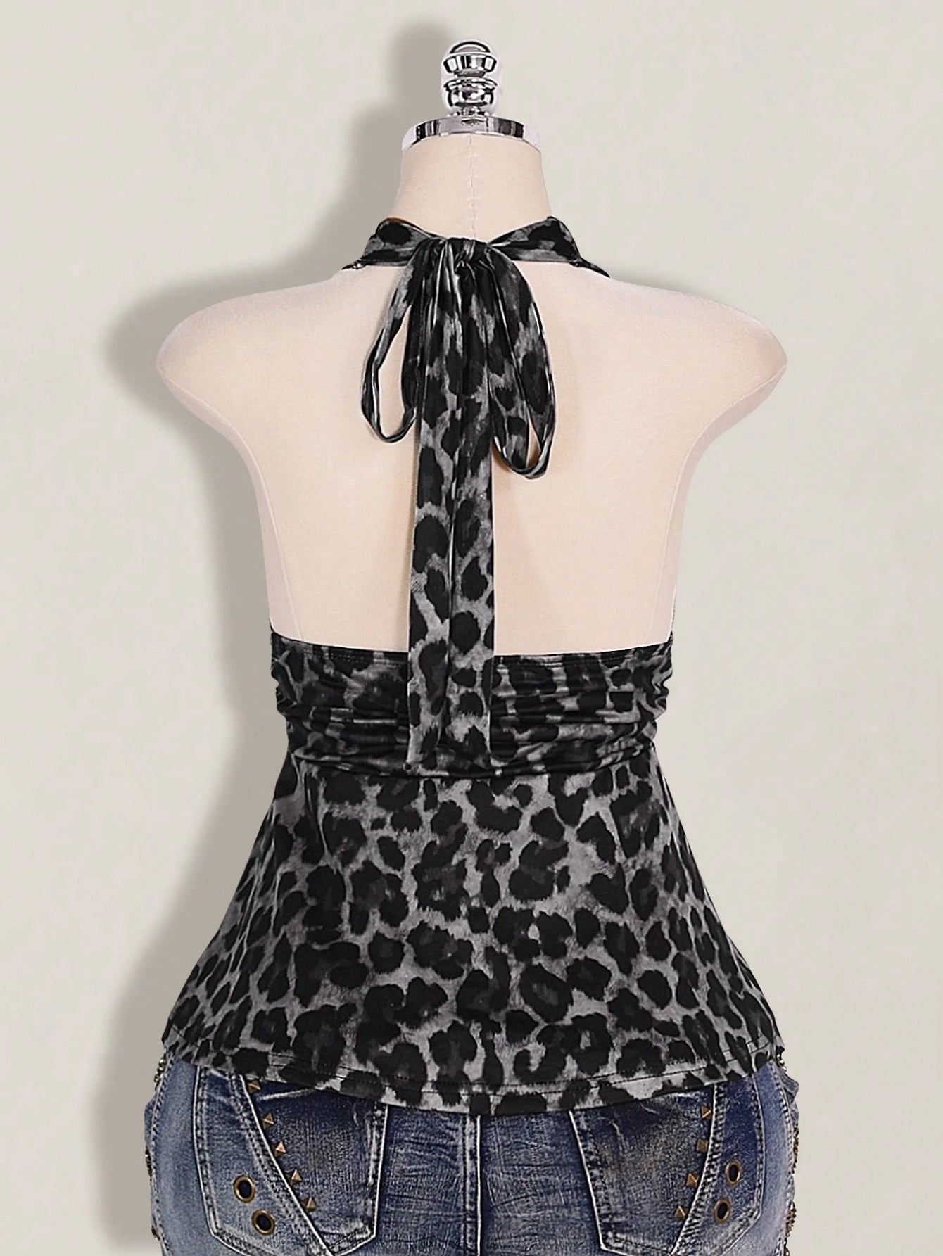 ICON Plus Size Women's Leopard Print Deep V Halter Neck Top,Pink And Grey,Summer,70's,Night Out Club,Party Retro Y2K Waist Gathered Loose Hem Fitted Top