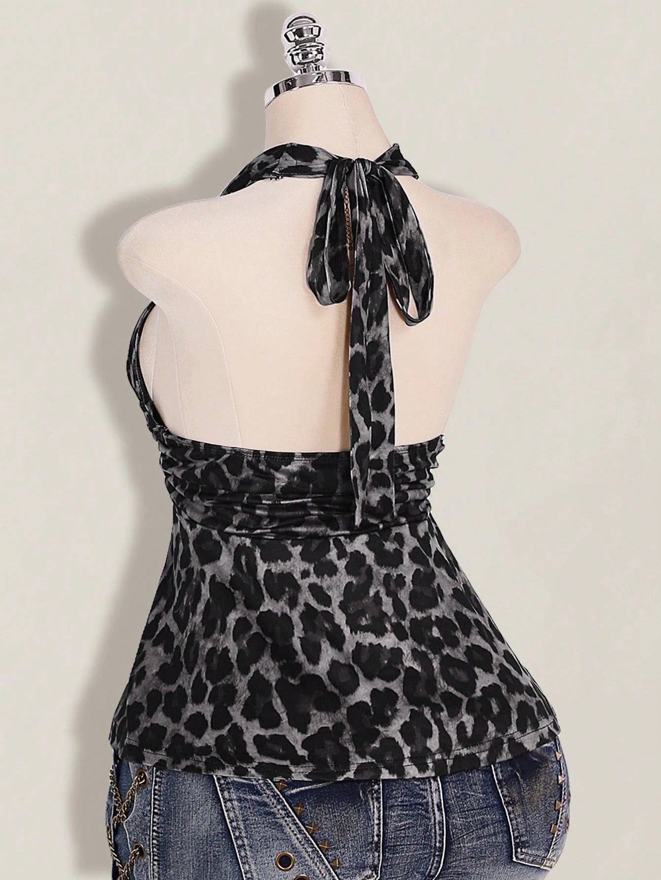 ICON Plus Size Women's Leopard Print Deep V Halter Neck Top,Pink And Grey,Summer,70's,Night Out Club,Party Retro Y2K Waist Gathered Loose Hem Fitted Top