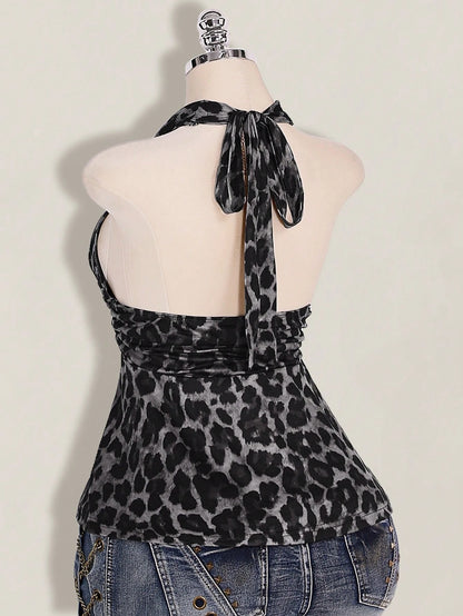 ICON Plus Size Women's Leopard Print Deep V Halter Neck Top,Pink And Grey,Summer,70's,Night Out Club,Party Retro Y2K Waist Gathered Loose Hem Fitted Top