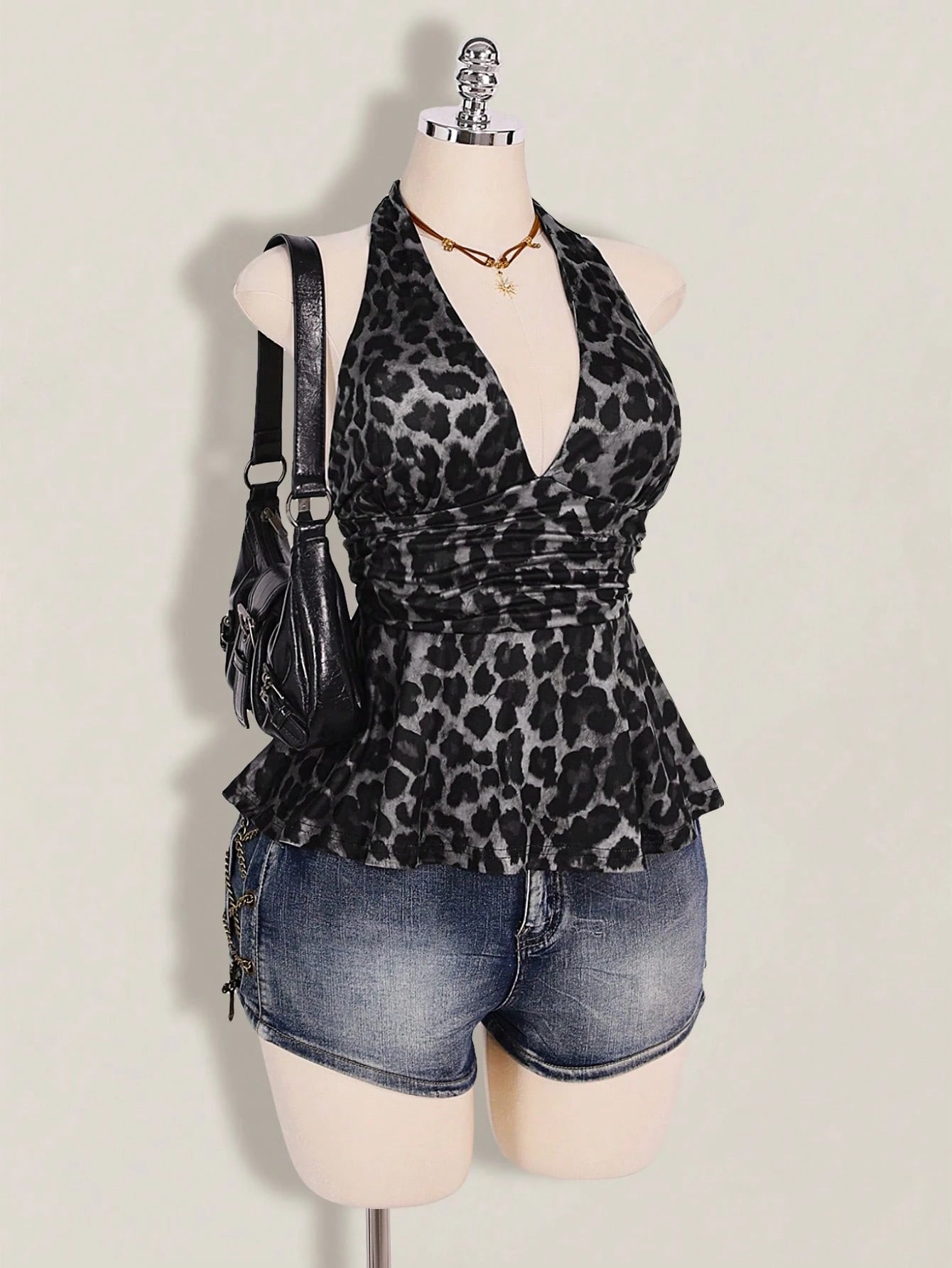 ICON Plus Size Women's Leopard Print Deep V Halter Neck Top,Pink And Grey,Summer,70's,Night Out Club,Party Retro Y2K Waist Gathered Loose Hem Fitted Top