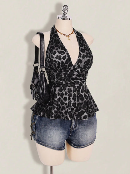ICON Plus Size Women's Leopard Print Deep V Halter Neck Top,Pink And Grey,Summer,70's,Night Out Club,Party Retro Y2K Waist Gathered Loose Hem Fitted Top