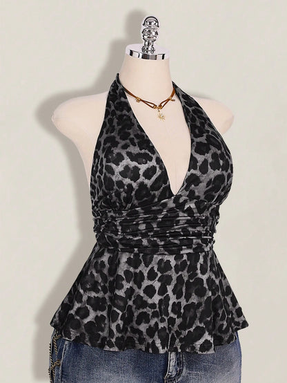 ICON Plus Size Women's Leopard Print Deep V Halter Neck Top,Pink And Grey,Summer,70's,Night Out Club,Party Retro Y2K Waist Gathered Loose Hem Fitted Top