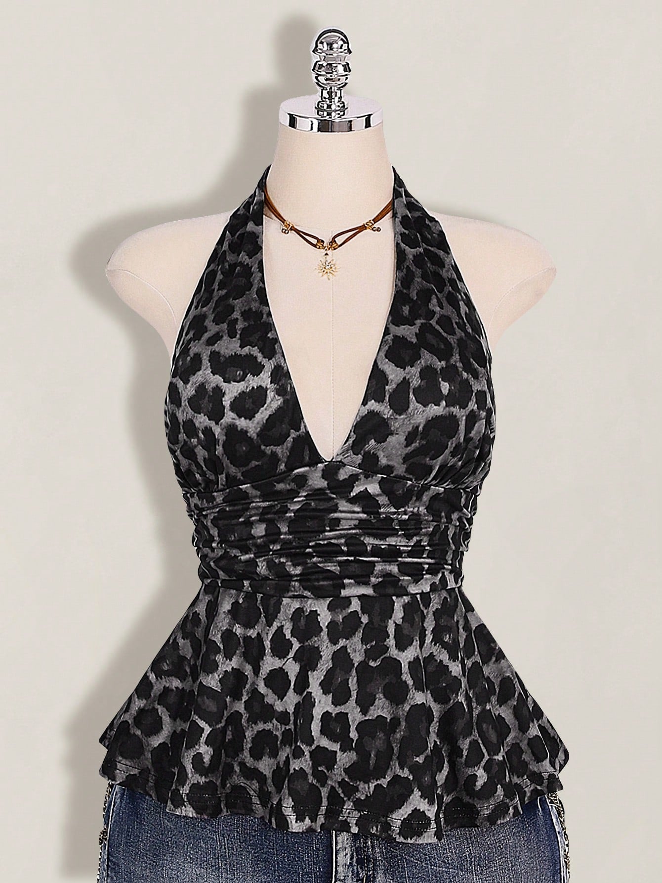 ICON Plus Size Women's Leopard Print Deep V Halter Neck Top,Pink And Grey,Summer,70's,Night Out Club,Party Retro Y2K Waist Gathered Loose Hem Fitted Top