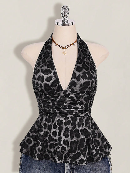 ICON Plus Size Women's Leopard Print Deep V Halter Neck Top,Pink And Grey,Summer,70's,Night Out Club,Party Retro Y2K Waist Gathered Loose Hem Fitted Top