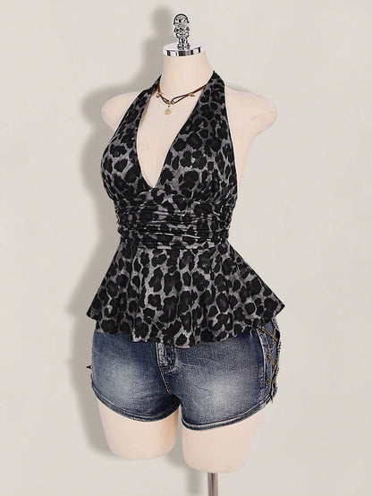 ICON Plus Size Women's Leopard Print Deep V Halter Neck Top,Pink And Grey,Summer,70's,Night Out Club,Party Retro Y2K Waist Gathered Loose Hem Fitted Top