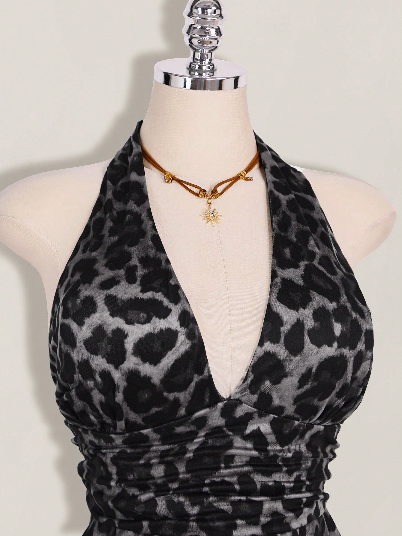 ICON Plus Size Women's Leopard Print Deep V Halter Neck Top,Pink And Grey,Summer,70's,Night Out Club,Party Retro Y2K Waist Gathered Loose Hem Fitted Top