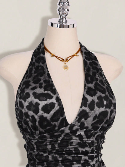 ICON Plus Size Women's Leopard Print Deep V Halter Neck Top,Pink And Grey,Summer,70's,Night Out Club,Party Retro Y2K Waist Gathered Loose Hem Fitted Top