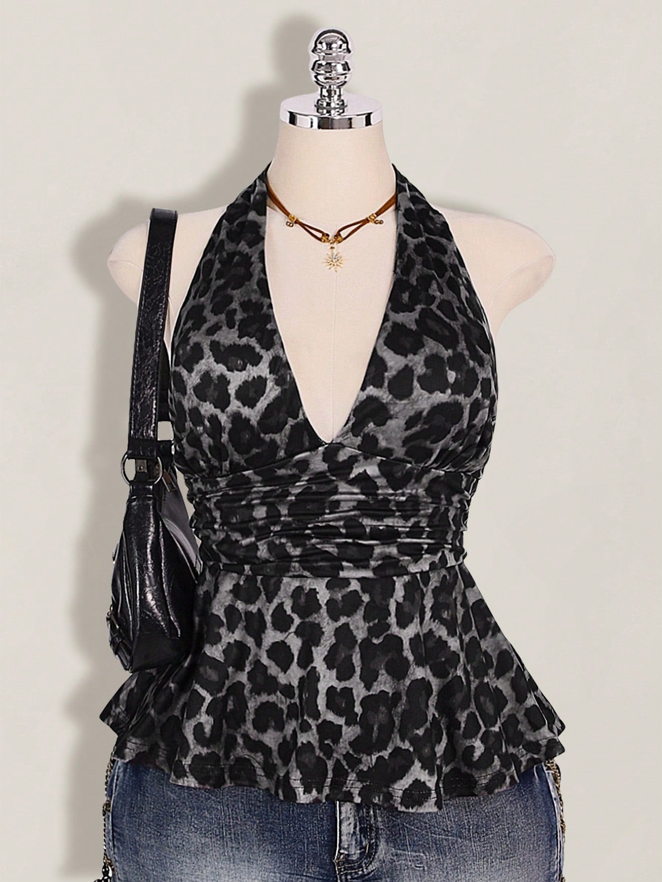 ICON Plus Size Women's Leopard Print Deep V Halter Neck Top,Pink And Grey,Summer,70's,Night Out Club,Party Retro Y2K Waist Gathered Loose Hem Fitted Top