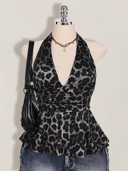ICON Plus Size Women's Leopard Print Deep V Halter Neck Top,Pink And Grey,Summer,70's,Night Out Club,Party Retro Y2K Waist Gathered Loose Hem Fitted Top
