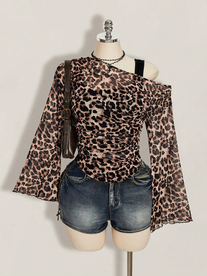 ICON Plus Size Women Y2K Leopard Print 2 In 1 Top Club Warm Taupe Summer Fall