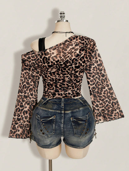 ICON Plus Size Women Y2K Leopard Print 2 In 1 Top Club Warm Taupe Summer Fall