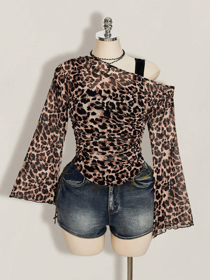 ICON Plus Size Women Y2K Leopard Print 2 In 1 Top Club Warm Taupe Summer Fall