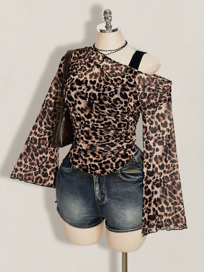 ICON Plus Size Women Y2K Leopard Print 2 In 1 Top Club Warm Taupe Summer Fall