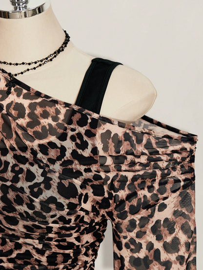 ICON Plus Size Women Y2K Leopard Print 2 In 1 Top Club Warm Taupe Summer Fall