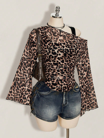 ICON Plus Size Women Y2K Leopard Print 2 In 1 Top Club Warm Taupe Summer Fall
