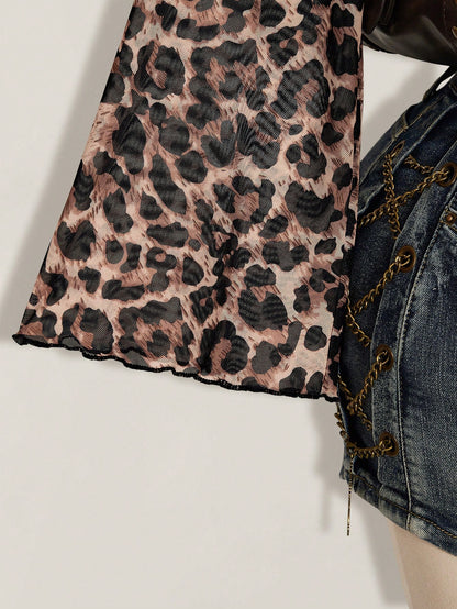 ICON Plus Size Women Y2K Leopard Print 2 In 1 Top Club Warm Taupe Summer Fall
