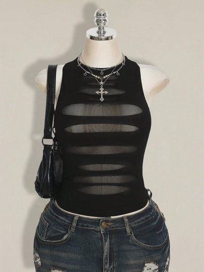 ICON Plus Size Y2K Goth Sheer Distressed Sexy Camisole Top Gothic Mesh Tops For Women Black See Through Date Night Cocktail Summer