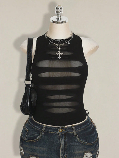 ICON Plus Size Y2K Goth Sheer Distressed Sexy Camisole Top Gothic Mesh Tops For Women Black See Through Date Night Cocktail Summer