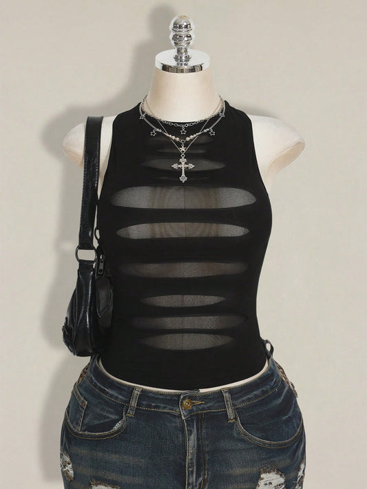 ICON Plus Size Y2K Goth Sheer Distressed Sexy Camisole Top Gothic Mesh Tops For Women Black See Through Date Night Cocktail Summer
