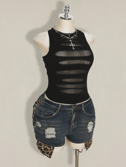 ICON Plus Size Y2K Goth Sheer Distressed Sexy Camisole Top Gothic Mesh Tops For Women Black See Through Date Night Cocktail Summer