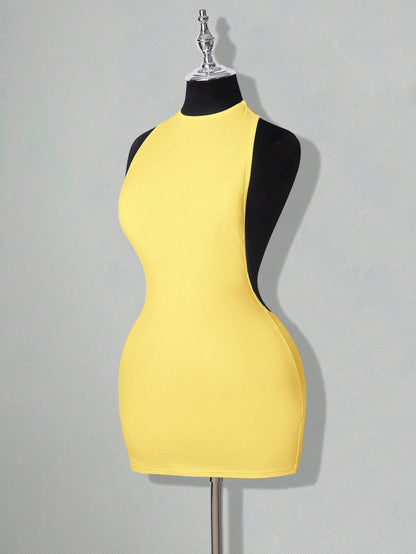 ICON Solid Color Backless Sexy Casual Mini Dress
