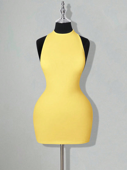 ICON Solid Color Backless Sexy Casual Mini Dress