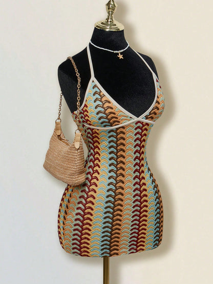 ICON Women's Dark Green Jacquard Knitted Contrast Color Ribbed Edge Halter Backless Deep V-Neck Mini Beach Party Dress,Boho Sexy Clothes Women Summer