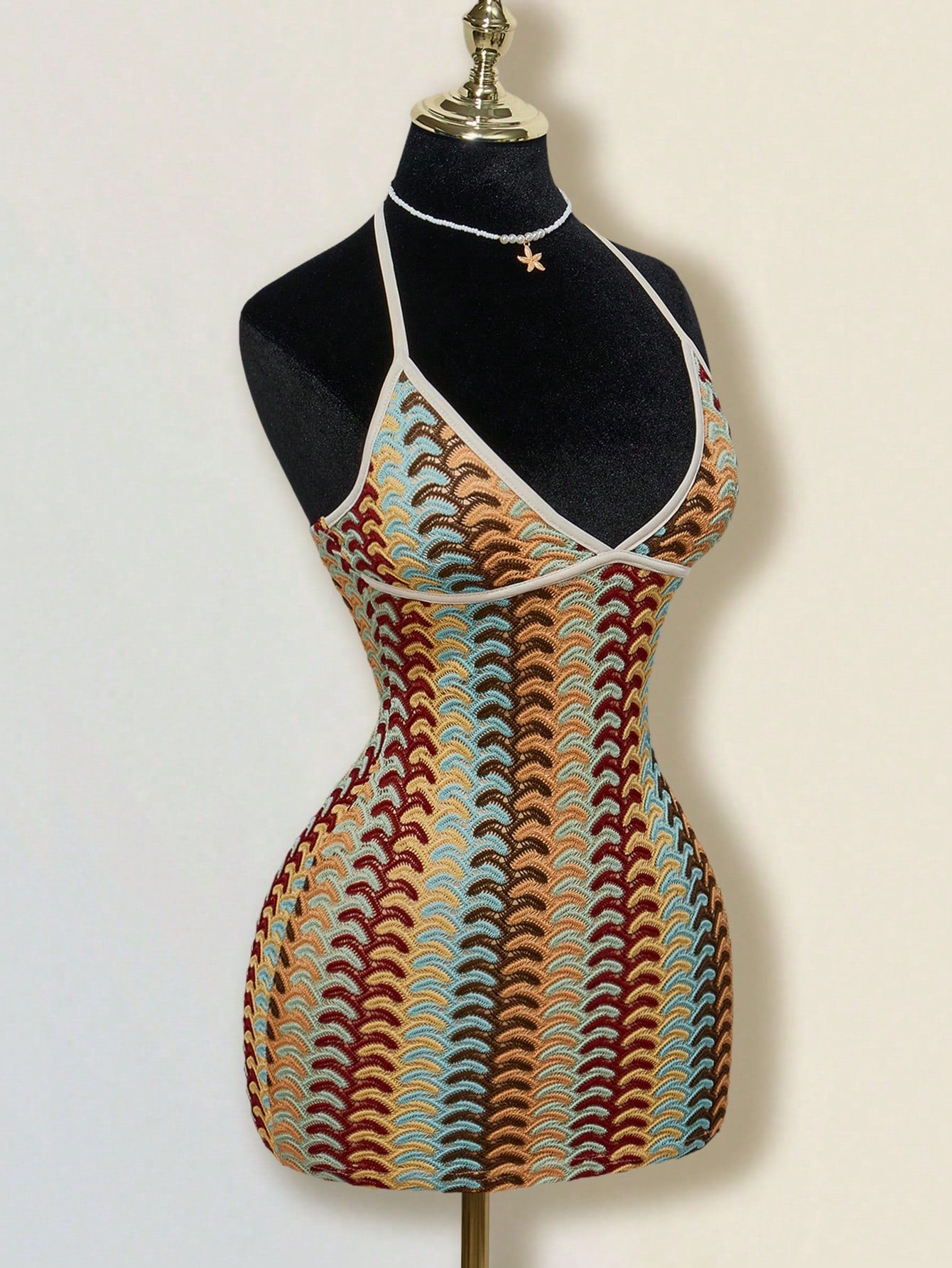 ICON Women's Dark Green Jacquard Knitted Contrast Color Ribbed Edge Halter Backless Deep V-Neck Mini Beach Party Dress,Boho Sexy Clothes Women Summer