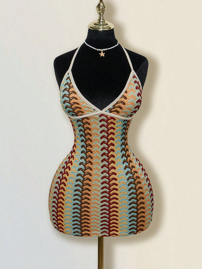 ICON Women's Dark Green Jacquard Knitted Contrast Color Ribbed Edge Halter Backless Deep V-Neck Mini Beach Party Dress,Boho Sexy Clothes Women Summer