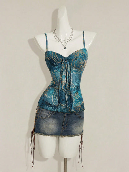 ICON Women's Paisley Print Y2K Vintage Pleated Camisole,Summer Top