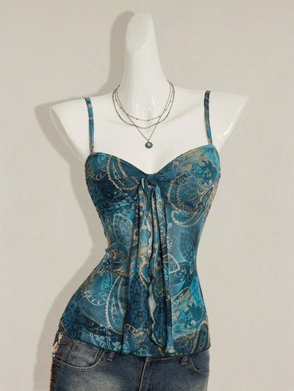 ICON Women's Paisley Print Y2K Vintage Pleated Camisole,Summer Top