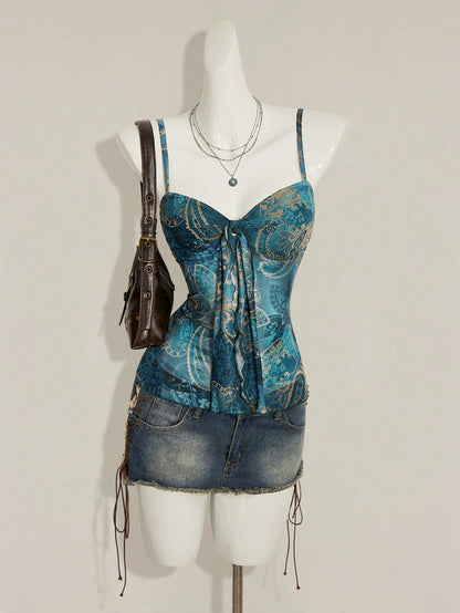 ICON Women's Paisley Print Y2K Vintage Pleated Camisole,Summer Top