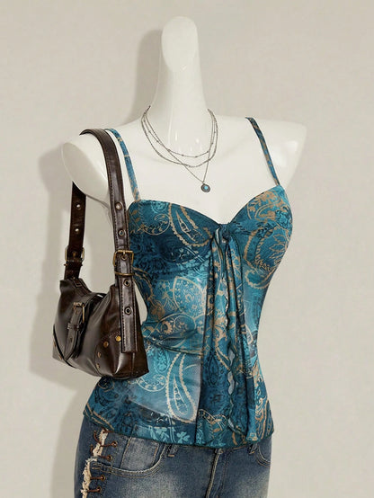 ICON Women's Paisley Print Y2K Vintage Pleated Camisole,Summer Top