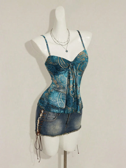 ICON Women's Paisley Print Y2K Vintage Pleated Camisole,Summer Top