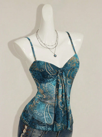 ICON Women's Paisley Print Y2K Vintage Pleated Camisole,Summer Top