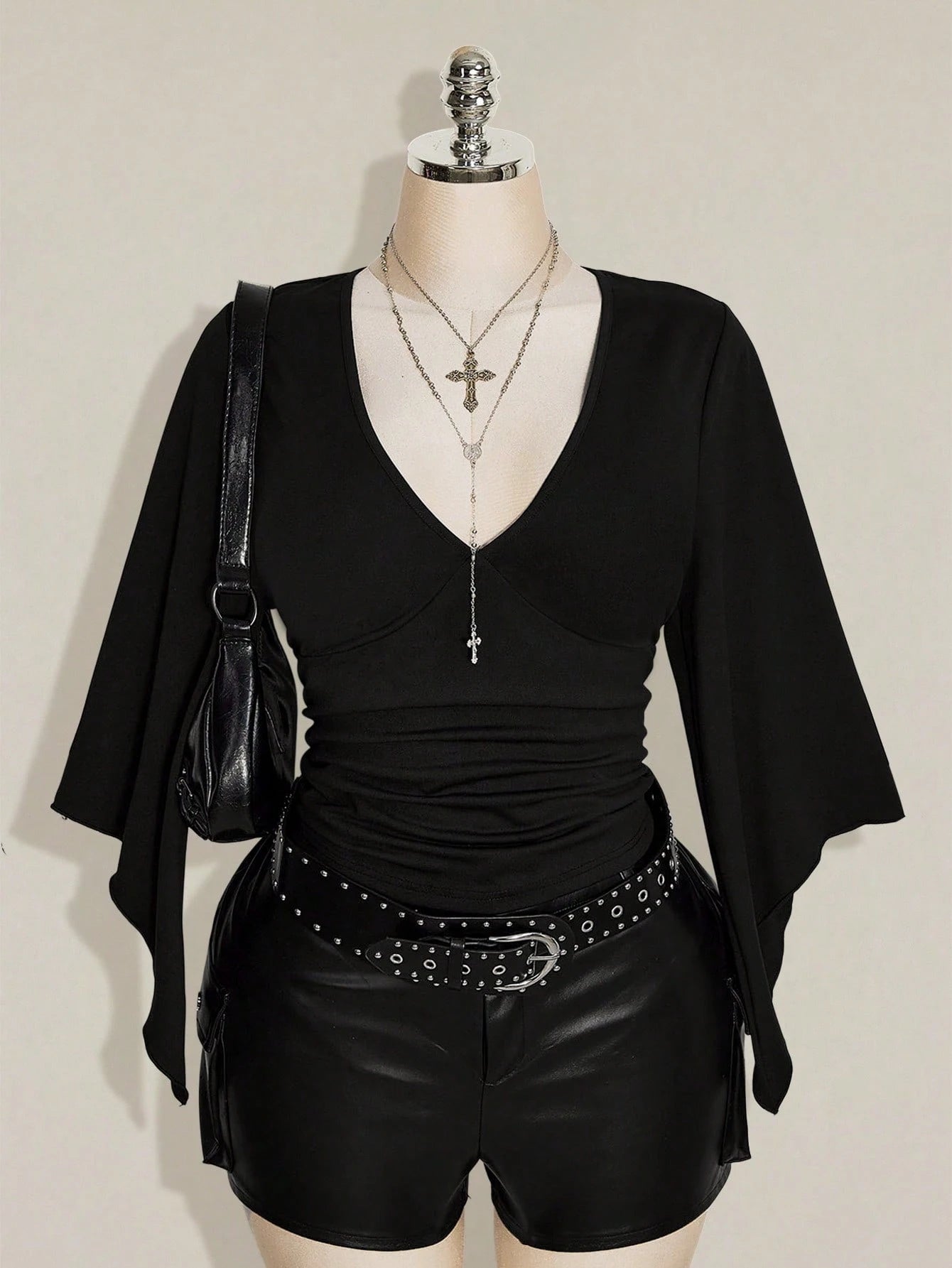 ICON Women's Plus Size Retro Country Goth Sexy Y2K Casual Elegant Date Night Clubbing Concert Rave Cocktail Deep V-Neck Ruffled Black T-Shirt Fall
