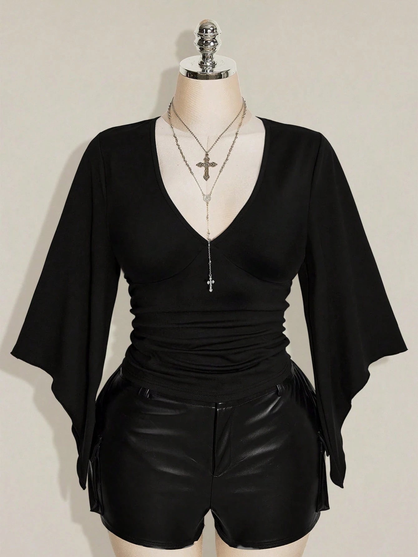 ICON Women's Plus Size Retro Country Goth Sexy Y2K Casual Elegant Date Night Clubbing Concert Rave Cocktail Deep V-Neck Ruffled Black T-Shirt Fall