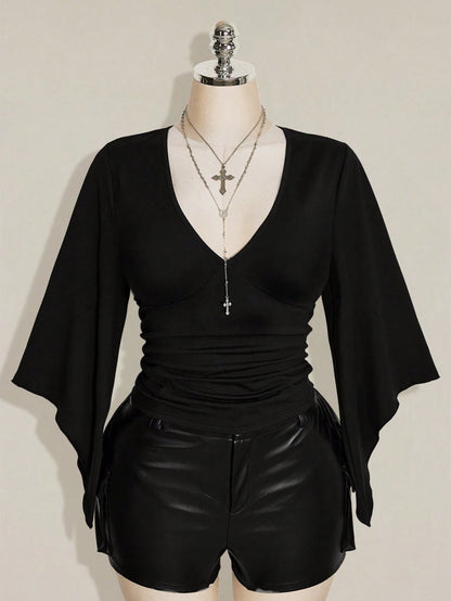 ICON Women's Plus Size Retro Country Goth Sexy Y2K Casual Elegant Date Night Clubbing Concert Rave Cocktail Deep V-Neck Ruffled Black T-Shirt Fall