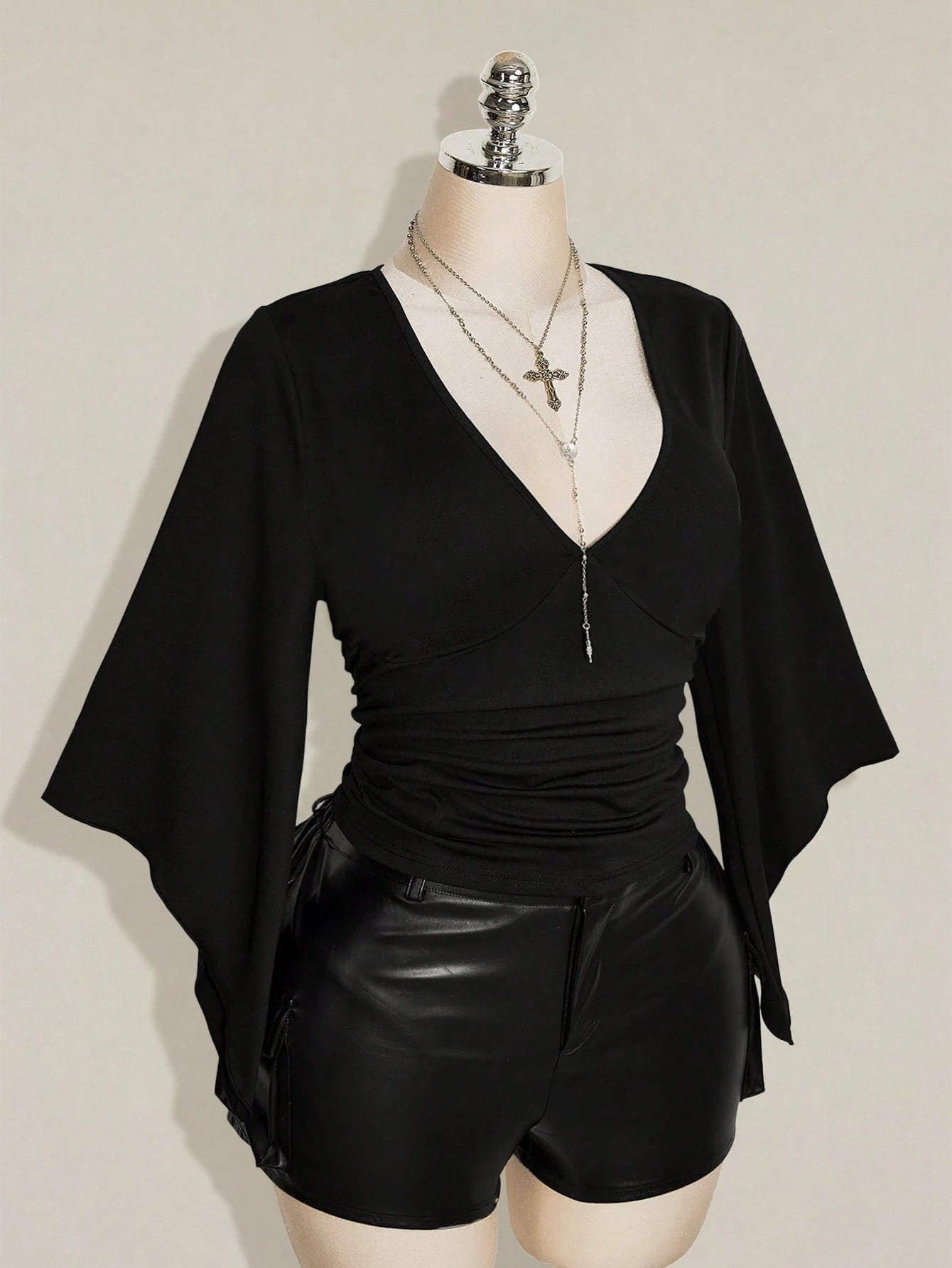 ICON Women's Plus Size Retro Country Goth Sexy Y2K Casual Elegant Date Night Clubbing Concert Rave Cocktail Deep V-Neck Ruffled Black T-Shirt Fall