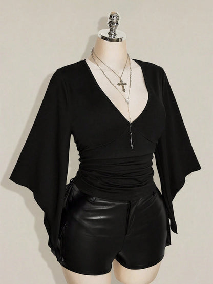 ICON Women's Plus Size Retro Country Goth Sexy Y2K Casual Elegant Date Night Clubbing Concert Rave Cocktail Deep V-Neck Ruffled Black T-Shirt Fall