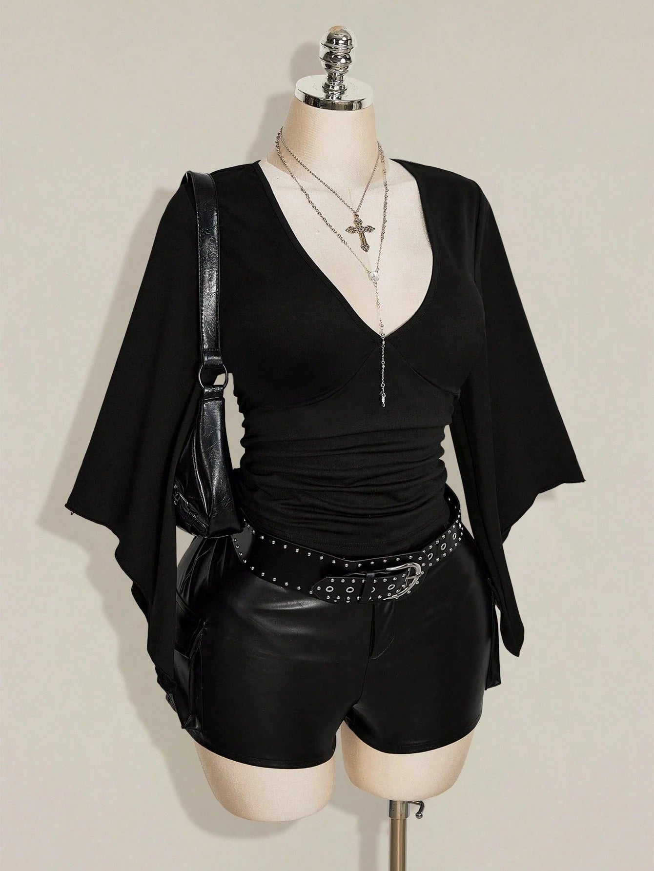 ICON Women's Plus Size Retro Country Goth Sexy Y2K Casual Elegant Date Night Clubbing Concert Rave Cocktail Deep V-Neck Ruffled Black T-Shirt Fall