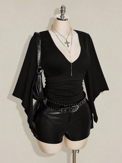 ICON Women's Plus Size Retro Country Goth Sexy Y2K Casual Elegant Date Night Clubbing Concert Rave Cocktail Deep V-Neck Ruffled Black T-Shirt Fall