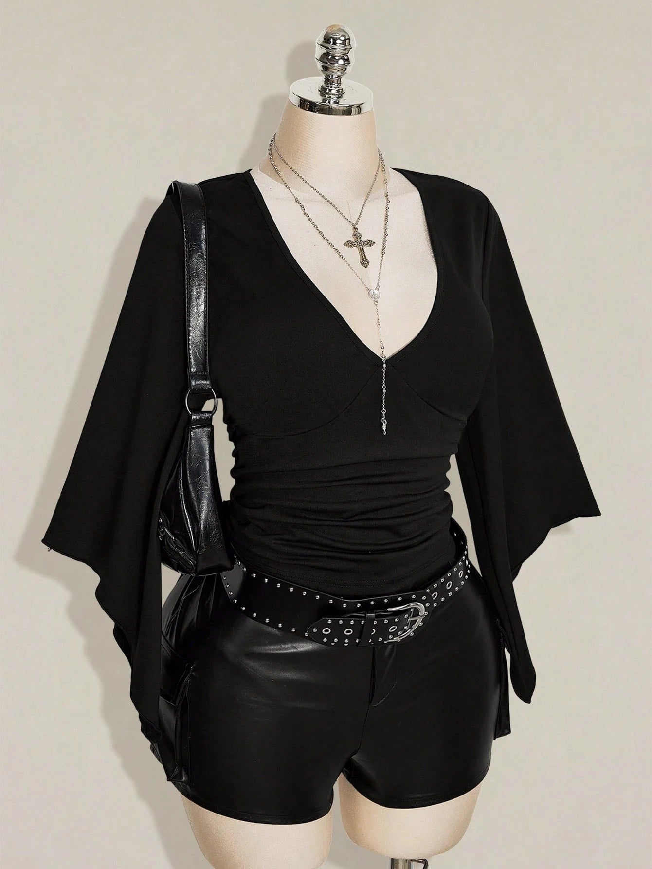 ICON Women's Plus Size Retro Country Goth Sexy Y2K Casual Elegant Date Night Clubbing Concert Rave Cocktail Deep V-Neck Ruffled Black T-Shirt Fall