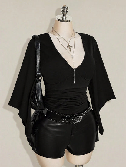 ICON Women's Plus Size Retro Country Goth Sexy Y2K Casual Elegant Date Night Clubbing Concert Rave Cocktail Deep V-Neck Ruffled Black T-Shirt Fall