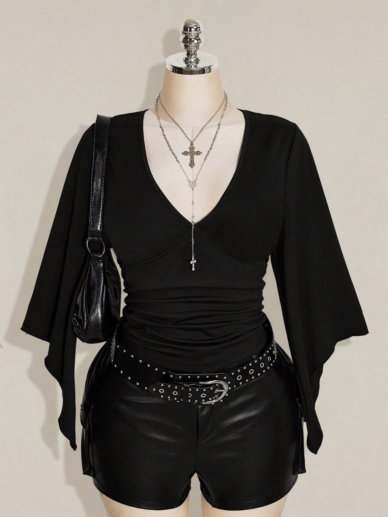 ICON Women's Plus Size Retro Country Goth Sexy Y2K Casual Elegant Date Night Clubbing Concert Rave Cocktail Deep V-Neck Ruffled Black T-Shirt Fall