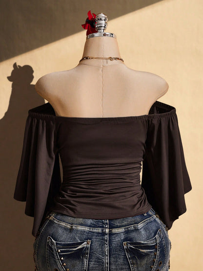 ICON Women's Plus Size Retro Sexy Casual Millennial Style Y2K Bohemian Style Vacation Ruffled Sleeves Gathered Waist Brown Slim Fit Off-Shoulder Top