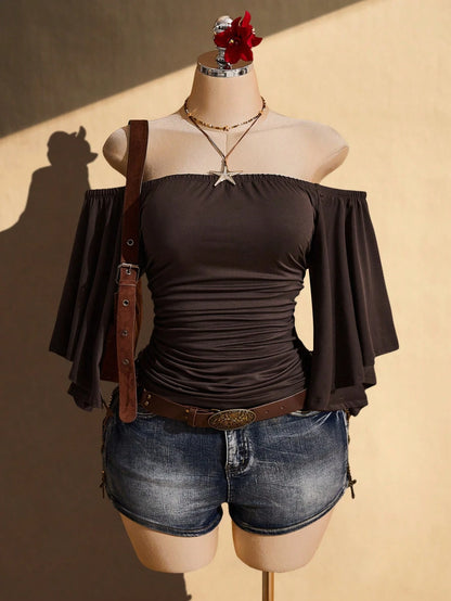 ICON Women's Plus Size Retro Sexy Casual Millennial Style Y2K Bohemian Style Vacation Ruffled Sleeves Gathered Waist Brown Slim Fit Off-Shoulder Top